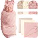 Newborn Receiving Blanket with Bow Hat Headband Set Wheat-Pattern Newborns Toddler Baby Boy Girl Nursery Swaddle Wrap (3 Set: Bean Pink/Light Coffee/Beige)