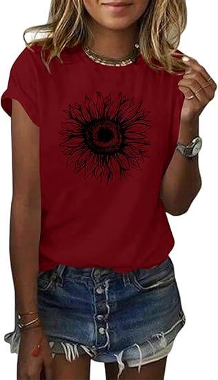 Cicy Bell Women's T Shirts Short Sleeve Tees Sunflower Graphic Loose Summer Tops, Size: S