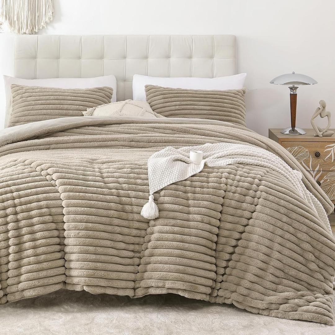 Smoofy Fluffy King Size Comforter Set 3 Pieces - Linen Fleece Fluffy Comforter Set, Luxury Fuzzy King Bedding Set, Soft King Bed Set All Season, Heavy Faux Fur Comforter with 2 Pillow Cases