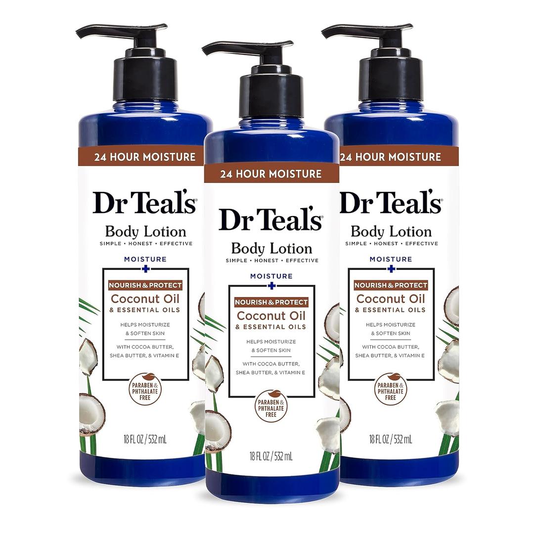 Dr Teal's 24 Hour Moisture+ body Lotion, Coconut Oil & Essential Oils, 18 fl oz (Pack of 3) BBD: -8-25-25