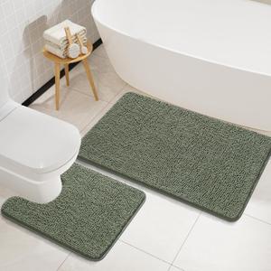 LOCHAS Bathroom Rugs Sets 2 Piece, Soft Non Slip Bath Mat Set, 20''x20'' U-Shaped Toilet Rug and 34''x21'' Sage Green Bath Rugs, Washable Absorbent Chenille Toilet Rug Set for Bathroom, Shower (34" x 21" Plus 20" x 20")