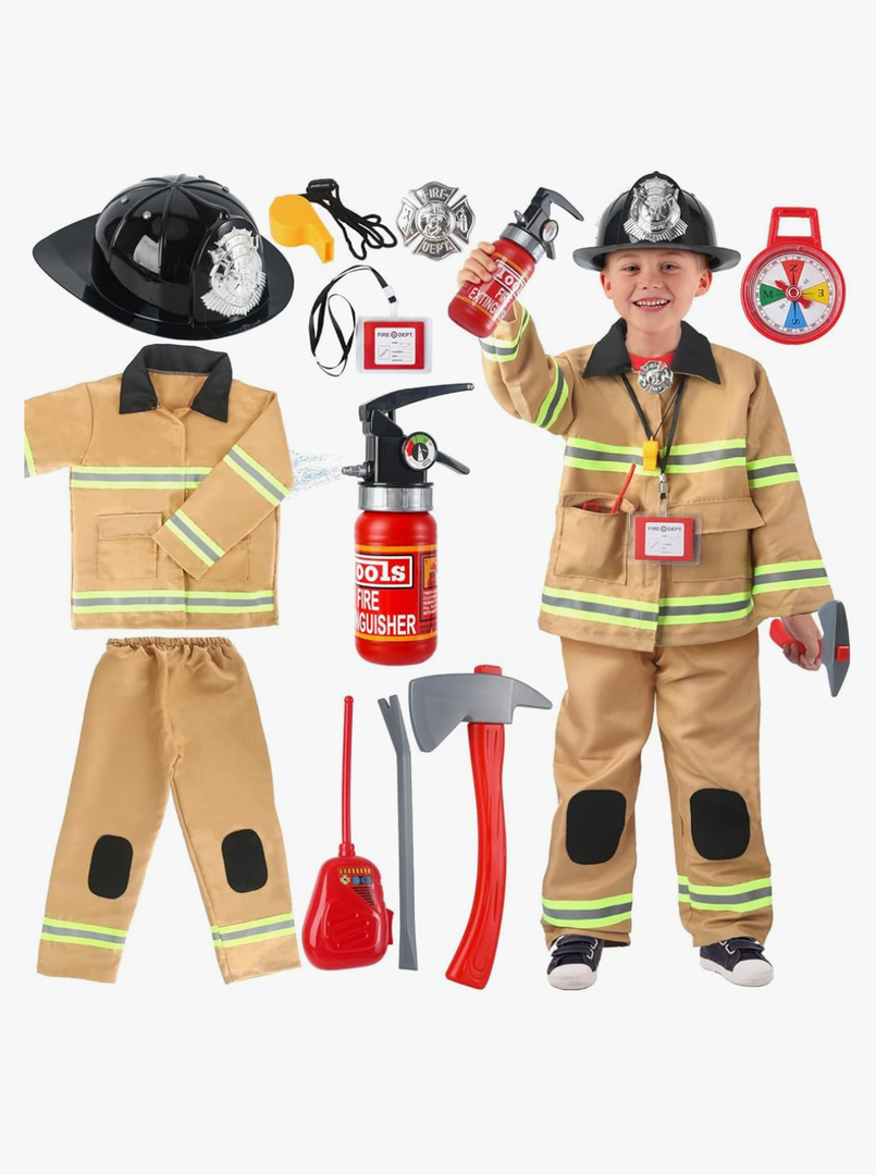 Firefighter Costume for Kids 3-4 Fireman Costume for Boys with Toy Accessories Set, Firefighter Clothes Suit, Toddler Fireman Dress Up Outfit 2-4t, Halloween Role Play for Boys Girls Age 4-7