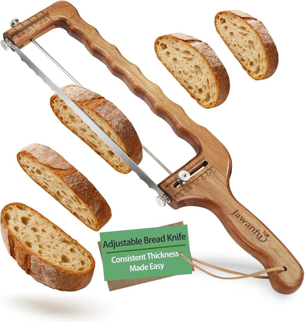 Adjustable Bread Slicer for Sourdough  Precision Homemade Bread Knife with Thickness Guide, Sharp Stainless Serrated Blade, Wooden Frame, Bread Cutter for Bagels, Baguettes, Gift for Bakers