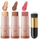 3Pcs Cream Contour Sticks Kit, Highlighter Stick Blush Stick Cream Contour Kit Makeup Set with Brush,Face Brightens & Shades Contour Stick Waterproof for Women 