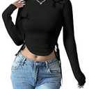 Verdusa Women's Asymmetrical Hem Long Sleeve Top Bow Tie Drawstring Side Y2K Tee Shirt Tops (White)