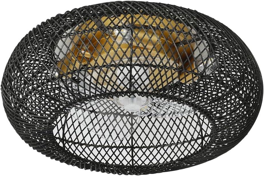 Low Profile DC Small Black and Gold Wicker Ceiling Fan with Light Fixture and Remote,Enclosed Rattan Caged Flush Mount Bladeless Wooden Fandelier for Kitchen Bedroom Indoor