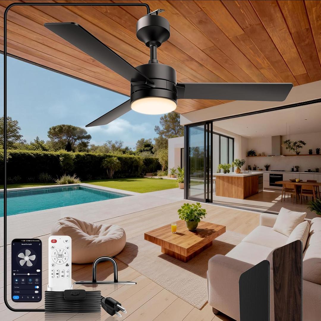 42 Inch Outdoor Ceiling Fans with Lights,Gazebo Hanging Fan with Hook and 16Ft.Cable,Plug in Ceiling Fan Light with Remote Control,3000-6500k,6-Speed,Hanging Fan for Gazebo,Balcony,Patios,Porch.