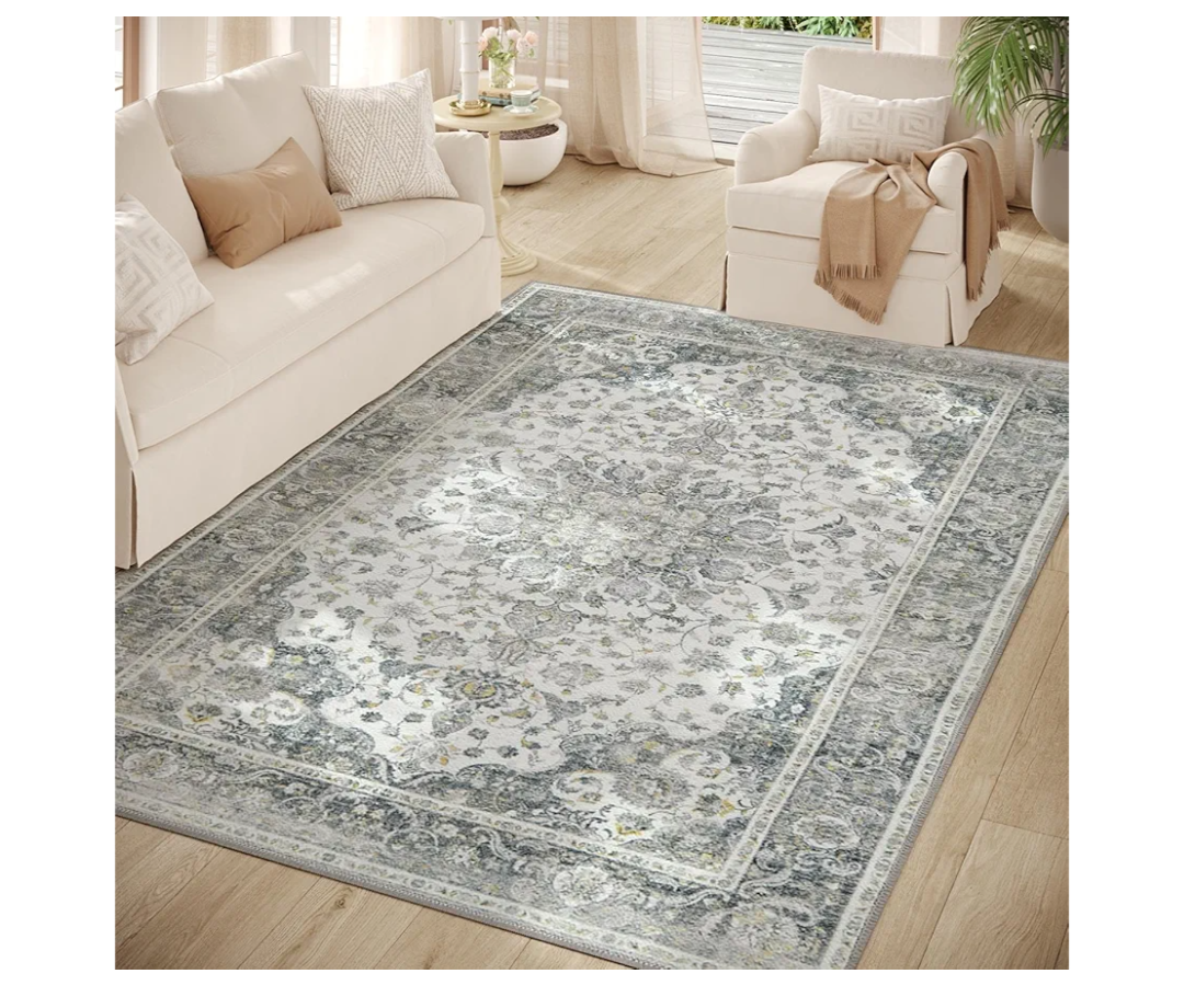 jinchan Area Rug 5x7 Floral Rug Distressed Grey Thin Vintage Retro Indoor Non Slip Gray Carpet Kitchen Living Room Bedroom Dining Room