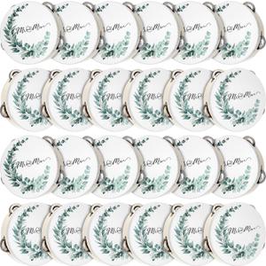 24 Pcs Wedding Tambourines Bulk for Adults, 6 Inch Wooden Handheld Drum with Metal Jingles Thank You Cards, Percussion Gift Musical Instrument for Church Bridal Shower Party Celebration
