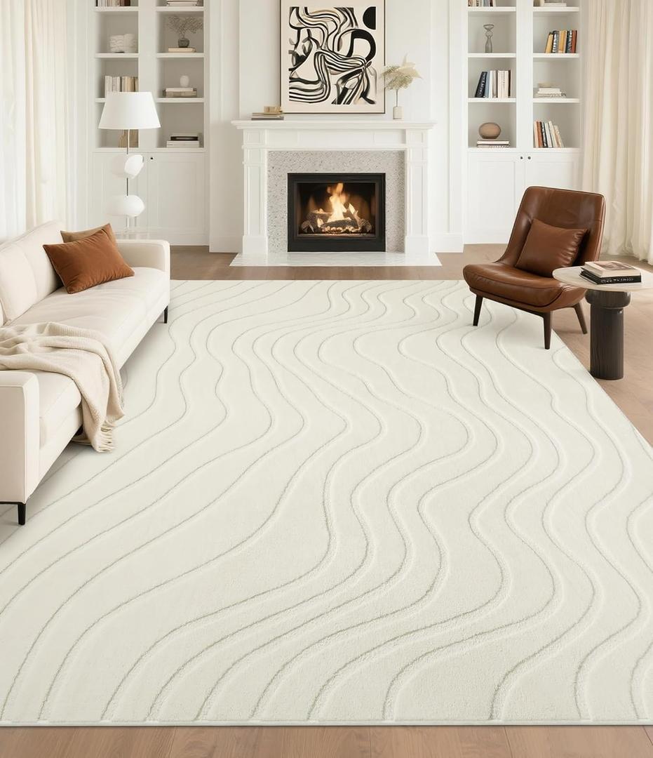 YIHOUSE 8x10 Striped Area Rug, Modern Washable Stain Resistant Rugs Non Slip, Soft Indoor Large Floor Carpet for Living Room, Bedroom,Dining Room, White