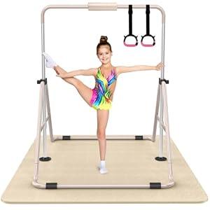 Tepemccu Expandable Gymnastics Bars, Adjustable Height Gymnastic Horizontal Bars, Children Folding Training Bar for Kids (Beige with mat)