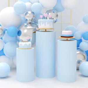 Babenest Baby Blue Cylinder Pedestal Stand Covers Set of 3, Spandex Vintage Round Pedestal Covers, Elastic Cloth Pillar Plinth Cover for Birthday Wedding Party Reception Decoration (Without Stands)