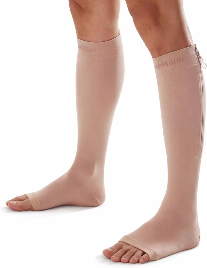 Doc Miller Compression Socks with Zipper – Open Toe Knee High 15-20 mmHg Compression Stockings for Women & Men, Wide Calf, All-Day Circulation Support for Swelling, Travel, Work & Pregnancy - 1 Pair