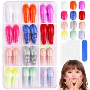 288Pcs Press On Nails For Girls,12 Colors Kid Fake Nail Kit Short Press on Nails For Kids,Stick On Nails Stuff for Girls 7-12 Years,4Colors Glitter Base And Multicolo French Tip nails