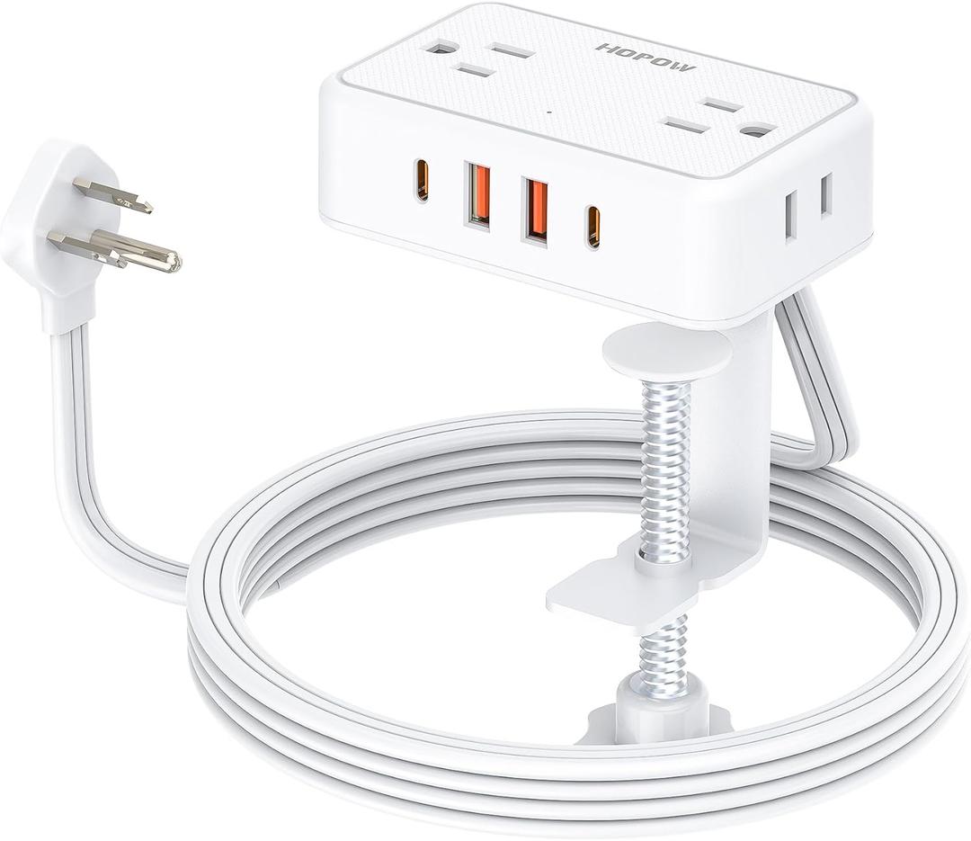 Desk Clamp Power Strip, Desktop Mount Charging Station with 4 Outlets 4 USB Ports (2 USB C), 10Ft Under Desk Power Strip, Fits 2.75" Tabletop Edge, Extension Cord for Home Office, White