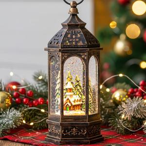 Christmas Snow Globe Lantern Lighted Holiday Village Church with Music& Timer, USB Lined/Battery Operated Lighted Lantern for Christmas Festival Decoration Gifts (10.5'' Churches)