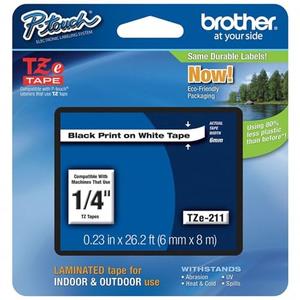 Brother Genuine P-touch TZE-211 Label Tape 1, 1/4" (0.23") Standard Laminated P-touch Tape, Black on White, Laminated for Indoor or Outdoor Use, Water Resistant, 26.2 Feet (8M), Single-Pack