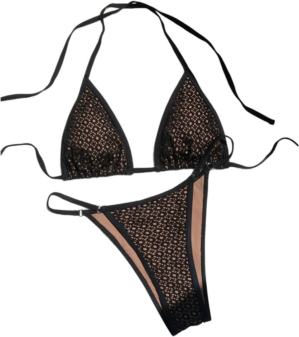 GORGLITTER Women's G String Thong Bikini Set High Cut Triangle Halter Top Hollow Up Swimsuit Bathing Suits Beach Fashion 2025 XS