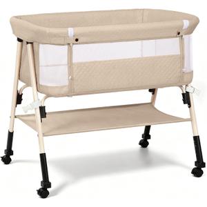 3-in-1 Baby Bassinet Bedside Sleeper for Newborn, Baby Crib Beige | Bedside Bassinet with Breathable Mesh, Portable, 4- Adjustable Height, Mattress, Storage Basket & Lockable Wheels, CPSC