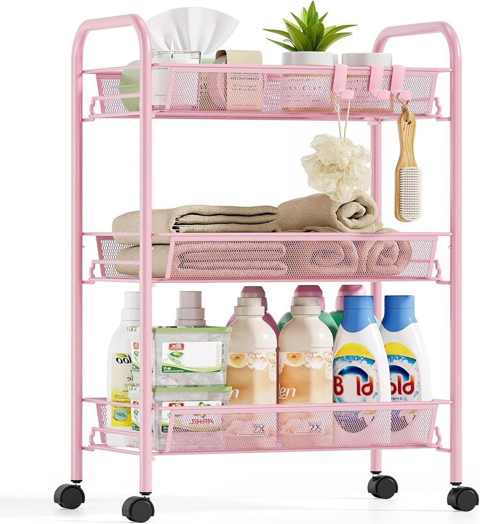 Metal Rolling Utility Cart, 3-Tier Mesh Wire Storage Trolley with Easy Assembly, Organizer Craft Cart 3 Hooks, Mobile Shelving Unit for Kitchen, Bathroom, Laundry Room, and Home (Pink)