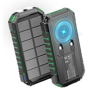 Riapow Solar Charger Power Bank - 27000mAh Wireless Portable Charger Built in 2 Cables - 22.5W Fast Charging Battery Bank with USB C in/Output - PD QC 3.0 Battery Pack Flashlights Outdoor