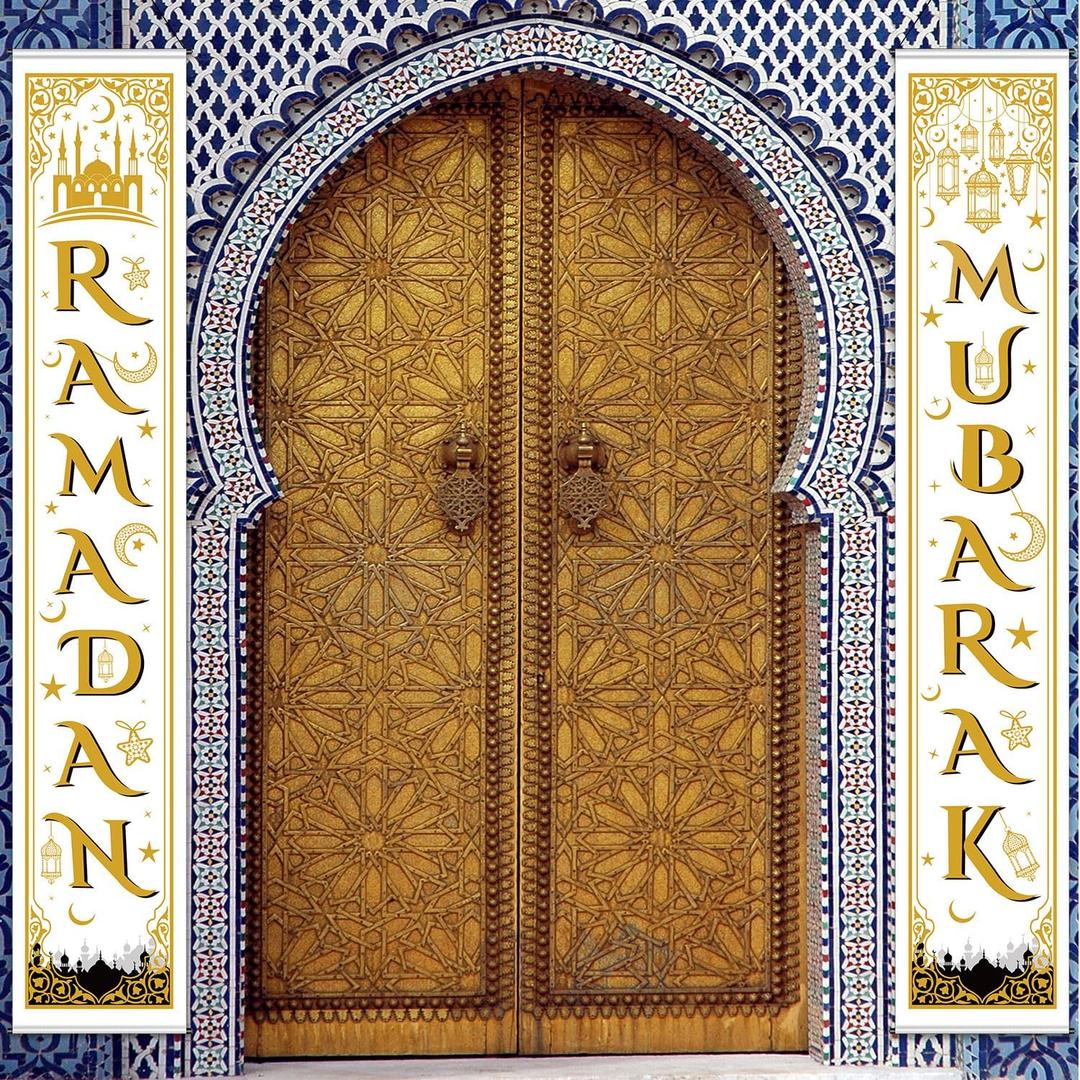 Blulu Ramadan Mubarak Door Banner Ramadan Porch Sign Banner Eid Mubarak Decoration Muslim Hanging Door Decoration for Indoor Outdoor Decor Eid Al-fitr Party Supplies(Gold White)