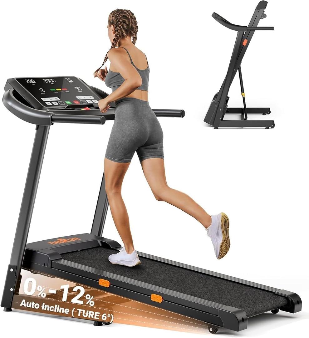 THERUN Incline Treadmill, 0-12% Incline Treadmill for Running and Walking, 300 lbs Weight Capacity, Wide Belt,3.0HP,18" LED Screen, 2 Layers Shock-Absorbing Red (Orange Black-Auto Incline)
