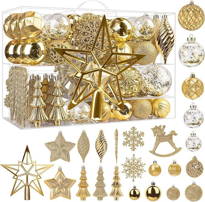 SHareconn 100pcs Christmas Tree Decorations Ornaments Set, Shatterproof Plastic Baubles Decorative Balls for Xmas Tree Decor Holiday Wedding Party, Gold