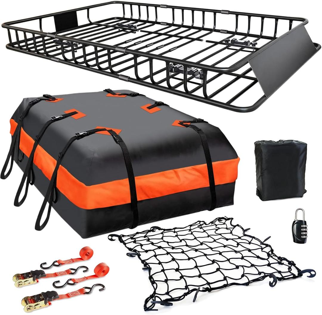 Roof Rack Carrier Carrier Basket 65"*39"*6"+Waterproof Bag 20 Cubic Feet(51"*40"*17"), and Cargo Net with Attachment Hooks, Ratchet Straps.200 Lbs Capacity, Universal Rooftop small Size Roof Rack