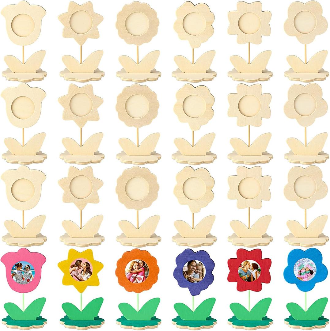 Lineshading 24 Pcs Mother's Day Crafts for Kids Mother's Day Picture Frames Craft DIY Wooden Flowers Frames Set Mother's Day Wooden Flowers Crafts with 6 Styles Mother's Day Crafts for Kids Classroom