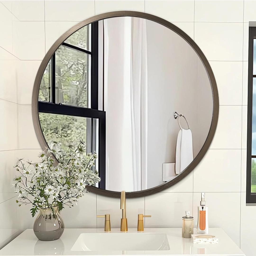 Wall Mirror Small Round Bathroom Mirror Metal Brushed Framed Rounded Corner Ative Hanging Mirror for Living Room Bedroom Entryway Farmhouse Caffee 16 inch 