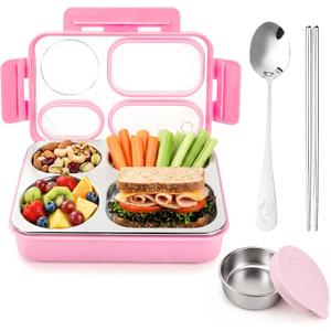 Homaze Kids Stainless Steel Bento Lunch Box, 4-Compartment Food Container with Condiment Cup, Chopsticks and Spoon, Leak-Resistant (Pink)