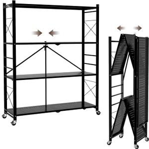 39.4" Wide 4-Tier Foldable Storage Shelves with 4 Wheels & 20 Hooks, Heavy Duty Metal Folding Shelf Unit, No Assembly, Adjustable 3rd Shelf for Kitchen, Garage, Pantry, Bookshelf, Black