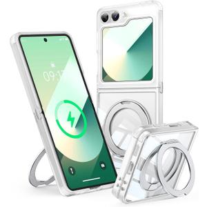 360Spin Magnetic Stand Case for Galaxy Z Flip 6/5 Fit for MagSafe & Pixelsnap Cover with Ring Holder No-Yellow Crystal Clear Camera Protection Phone Samsung Galaxy Z Flip 6/5 Case - Clear