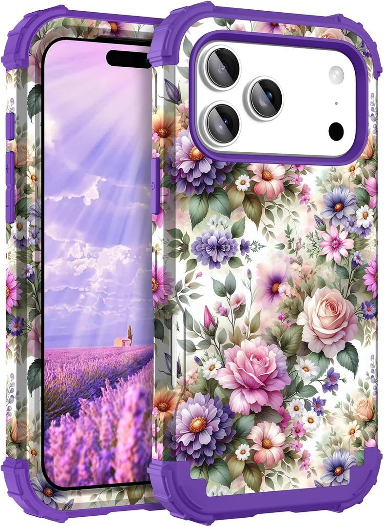 Hocase Heavy Duty Case for iPhone 17 Pro 6.3"", Purple Pink Flowers
