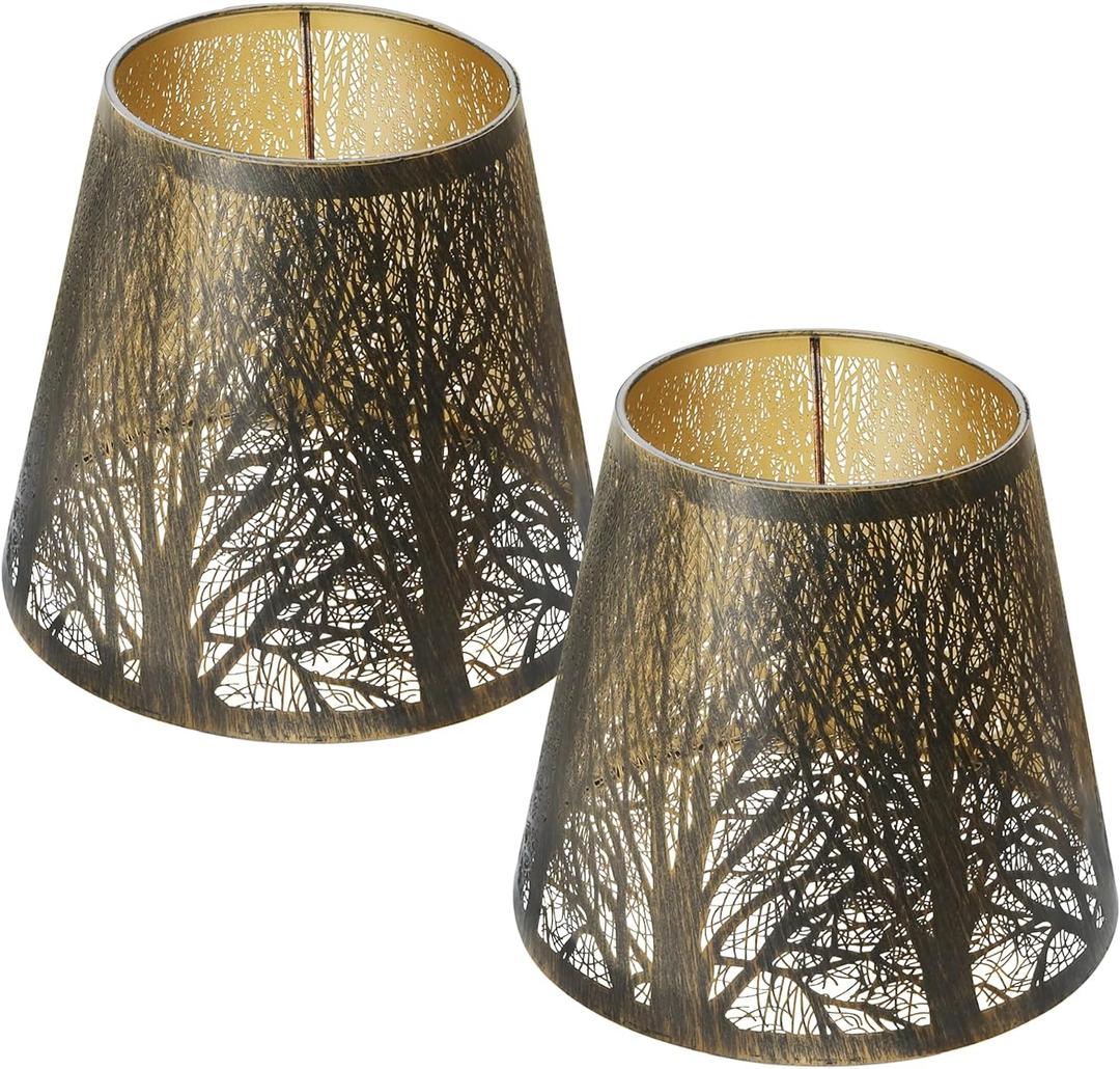 Double Small Bronze Gold Lamp Shade Clip On Bulb Set of 2, Alucset Barrel Fabric Lampshade for Table Chandelier Wall Lamp 5x8x7 Inch 2Pcs