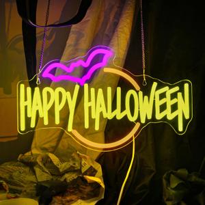 Happy Halloween Neon Sign Bat LED Light Up for Bedroom Home Bar Halloween Decor Trick or Treat Party Backdrop