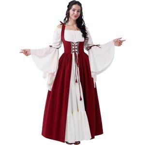 Spooktacular Creations Halloween Renaissance Costume Women, Renaissance Corset Dress, Plus Size Medieval Chemise for Cosplay (X-Large, Burgundy)
