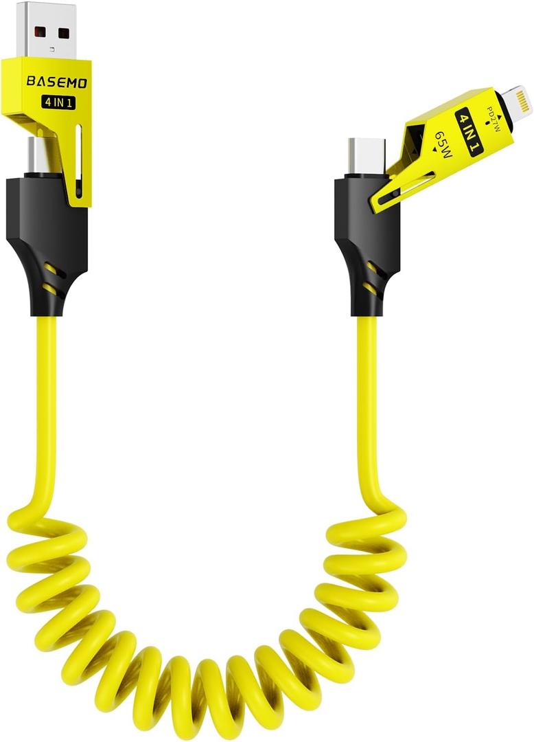 ZUSLAB 4-in-1 Coiled USB-C to Lightning/Type-C 65W Fast Charging Cable, Car Play & Android Auto Compatible, Compact Design, Multi-Device Charging for iPhone, iPad, Samsung & More, Yellow