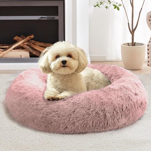 JOLLYVOGUE Calming Dog Bed for Small Dogs - 23 inches Donut Washable Small Dog Bed for Kittens & Puppies, Anti-Slip Round Fluffy Plush Faux Fur Cat Beds (Fits up to 25 lbs Pets, Dark Pink)