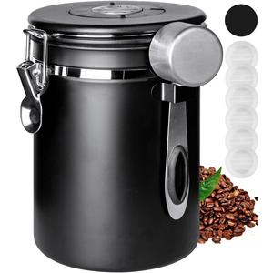 INFTYLE Coffee Canister with Airtight Lid, 22oz, 60 fl oz White, Stainless Steel Air Tight Lid Container with Date Tracker and Scoop Food Storage Jar for Grounds Coffee, Beans, Flour, Cereal (Black)