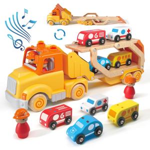 Toddler Car Toys for 2 3 4 5 Years Old Kids, Transport Carrier Truck Toy with 4 Wooden Vehicle, 24IN Foldable Track Trailer with Light & Sound Effects, Best Gift Choice for Christmas, Birthday