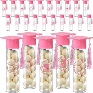 Teenyyou 25 Pcs Graduation Candy Tubes 2026 Graduation Party Favors Candy Boxes Plastic Grad Cap Jars Container with Tassels and Stickers for DIY Grad Table Party Favors (Pink)
