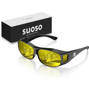 suoso Night Driving Glasses Fit Over Eyeglasses for Men Women, Polarized Anti Glare Night Vision Glasses HD Yellow Lens