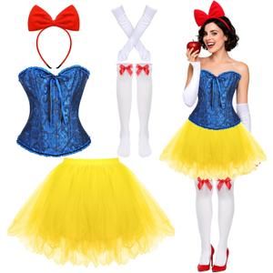 5 Pcs Halloween Snow Princess Costume for Women Bow Headband Yellow Skirt Tube Top Gloves Socks Princess Cosplay Party (Medium)