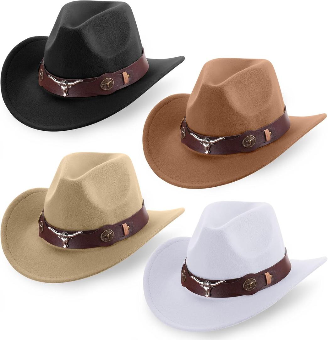 Panitay 4 Pcs Classic Western Cowboy Hat for Men Felt Wide Brim Hats Women Belt Buckle Panama for Adults Kids Party, 4 Colors (Medium, Black, White, Khaki, Dark Khaki)