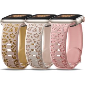 3 x 3 Pack Leopard Engraved Bands Compatible with Apple Watch in 38MM 40MM 41MM 42MM 44MM 45MM 49MM for Women Men, Soft Waterproof And Oodorless Silicone Bands for iWatch Bands Series 10-1 Ultra SE (D-Milk tea/Camel+Apricot/Champagne+Sand powder/Powder)