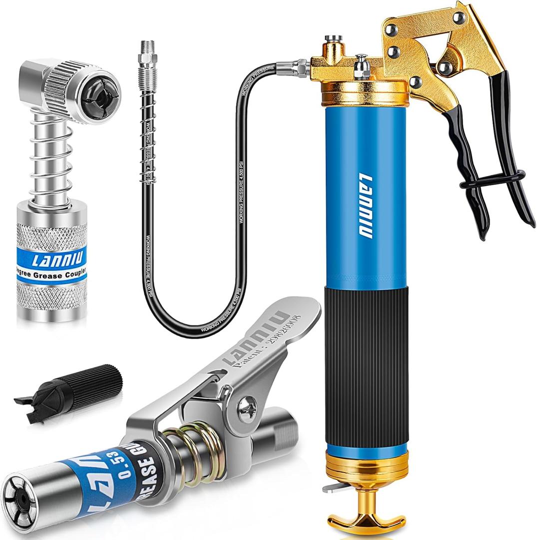 Grease Gun Kit, 8000 PSI Heavy Duty Pistol Grip Grease Gun with 14 OZ Capacity, Includes 0.53" Grease Coupler & 90 Grease Adaptor, Grease Guns for Automotive, Agricultral, Industrial, Marine