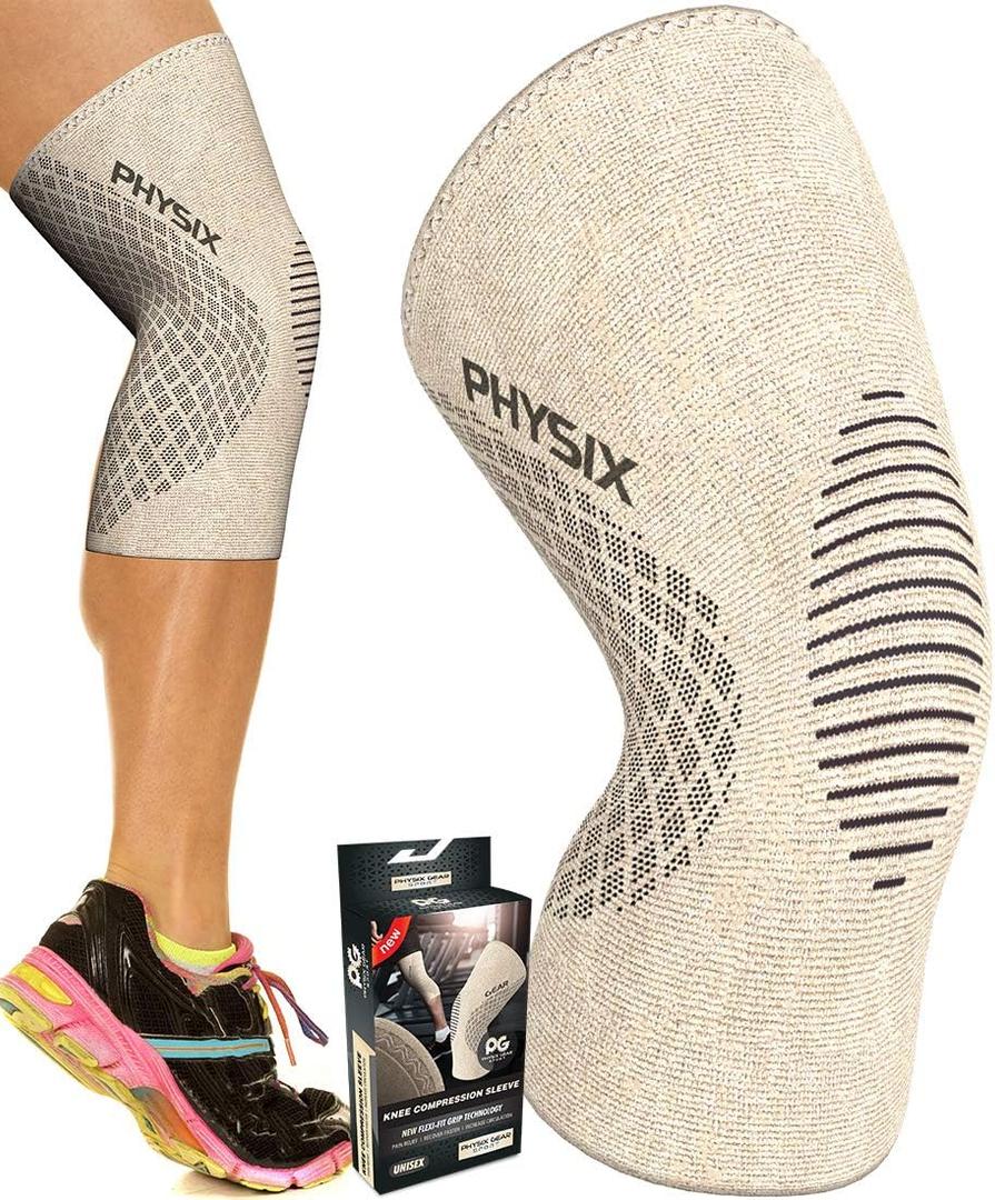 Physix Gear Knee Compression Sleeve for Men & Women - Best Compression Knee Brace for Walking, Running, Gym, Basketball, Weightlifting,Workout, Sports - Knee sleeves Support Compression & Stability (Beige/Black)