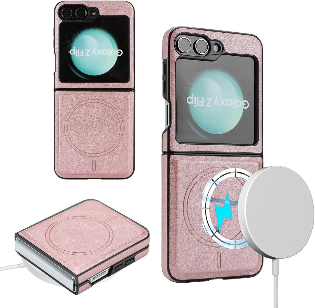 Phone Case for Samsung Galaxy Z Flip 6/Z Flip 7 FE, Magnetic, Support Wireless Charging, Premium PU Leather & Shockproof, Protective Cover, Compatible with MagSafe, Rose Gold